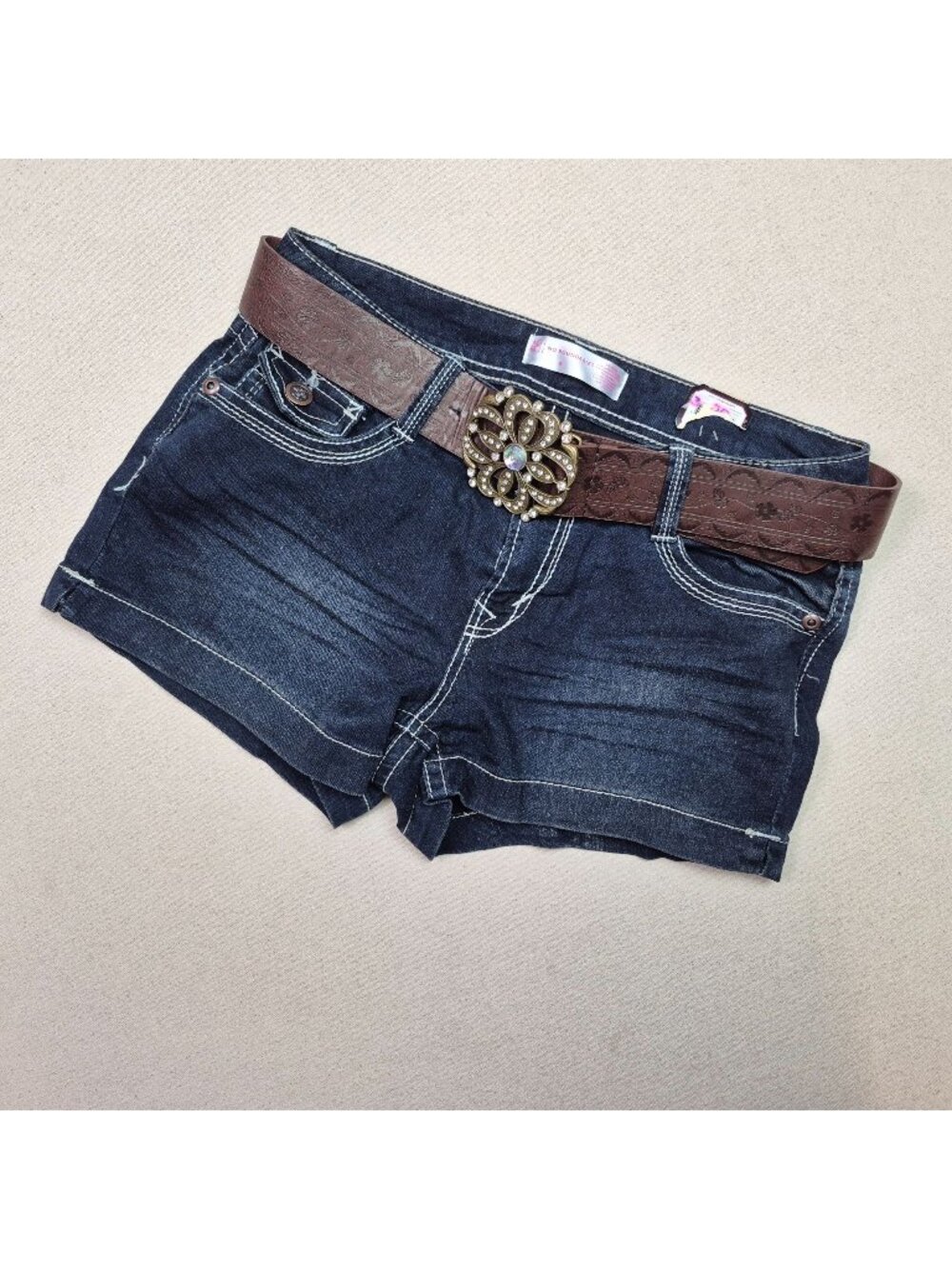 No Boundaries NOBO Girl's Embroidered Blue Jeans Shorts w/Leather Belt Sz 9